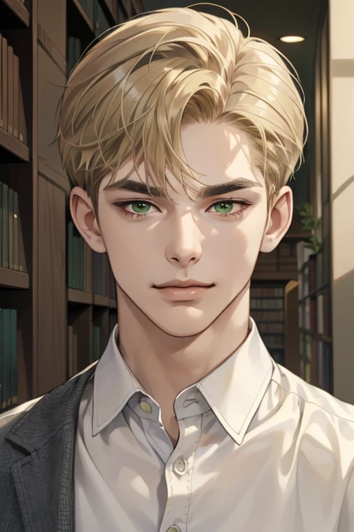 masterpiece, best quality, realistic, 1man, mature male, quiet and charming young man, 18 years old, a smirk, closed mouth, portrait, extremely detailed face, a little distant, ((dark green eyes)), ((short-side-swept sandy blonde hair)), [thick eyebrows], library, ((White shirt))