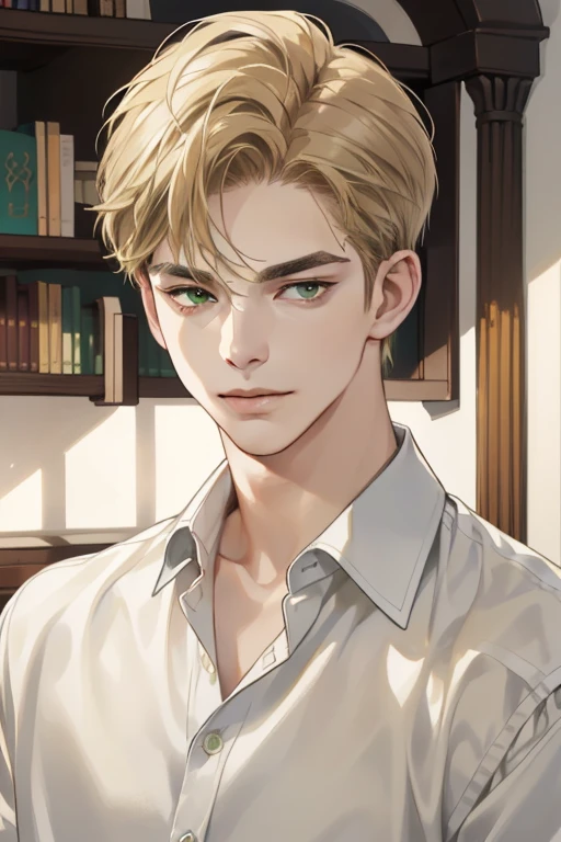 masterpiece, best quality, realistic, 1man, mature male, quiet and charming young man, 18 years old, a smirk, closed mouth, portrait, extremely detailed face, a little distant, ((dark green eyes)), ((short-side-swept sandy blonde hair)), [thick eyebrows], library, ((White shirt))
