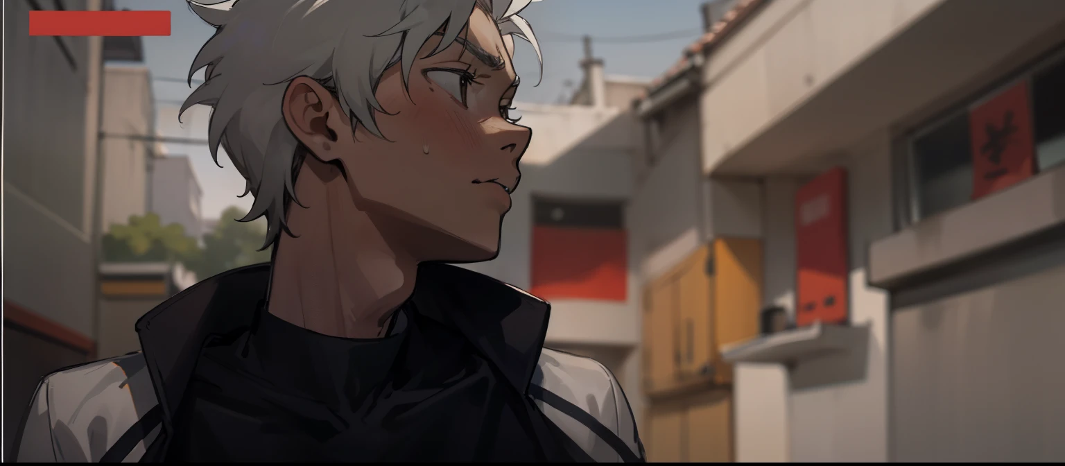 estilo comic anime 2d, 17 year old boy looks up he is exhausted from running and he is scared he sees someone he looks up gray eyes gray hair