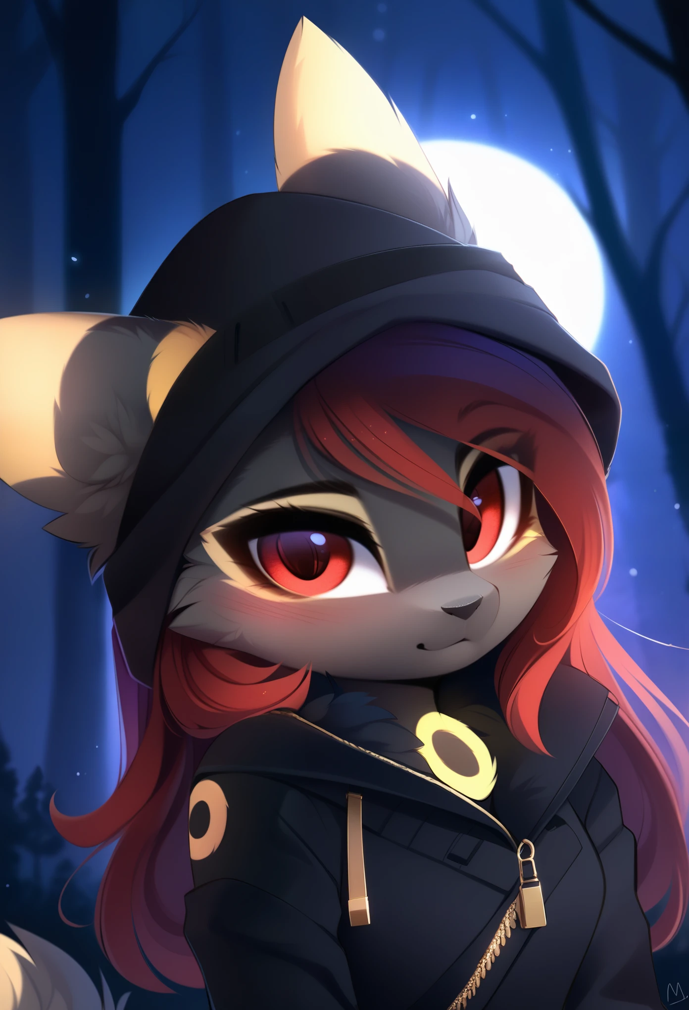 score_9, score_8_up, score_7_up, source_furry, rating_safe, by magnaluna,, 1girl,anthro, umbreon, black body fur, gold markings, pokemon, red eyes, fluffy fur, at night, moonlight, forest, detailed background, best quality, clothing
