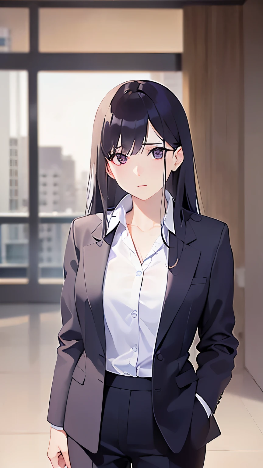Realistic, real person, (pale skin: 1.2), RAW photo, photorealistic, portrait photography, shiny skin, shiny hair、(A 25-year-old woman with straight hair and bangs) and (medium hair) and (black hair) and (purple eyes) , (business suit:1.5) and (white shirt)、(sad:1.3), Background is an office room、Alone、Are standing