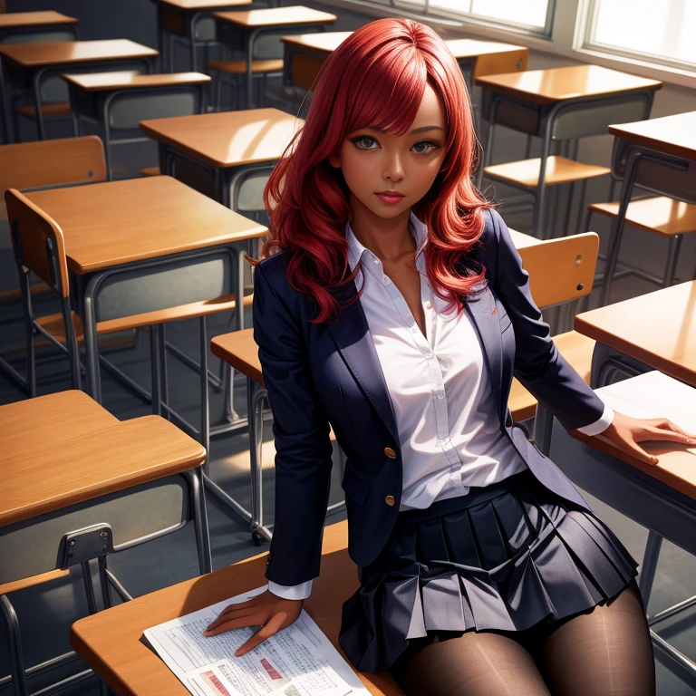masterpiece, highest quality, Very detailed, figure, (Realistic:1.2), One girl, alone, Japanese、Dark Skin, Redhead, classroom, lily, Intimate, blazer, Glamour, boots, Improve, pantyhose, Pleated skirt、Gal