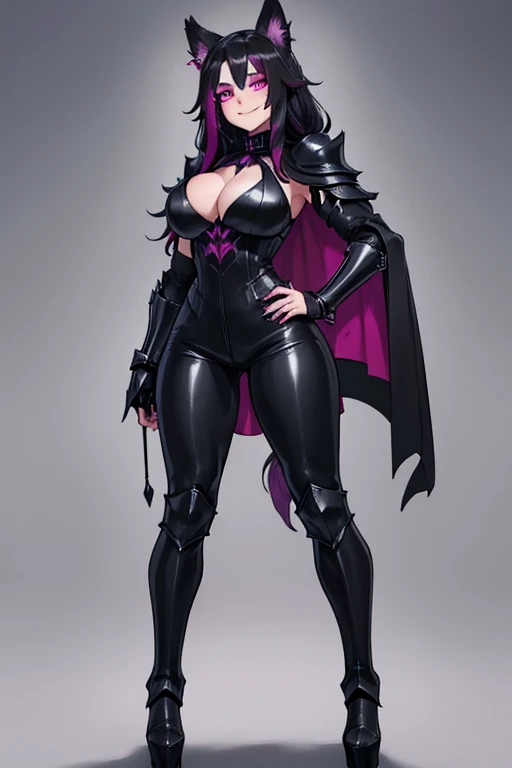 female, black long hair with magenta highlights, silver eyes, black wolf ears, black wolf tail (((1girl))), (((black metal armor))), (black pants), (black metal gauntlets), (black metal heeled boots), (magenta cape), cute and sexy, full body, large breasts, large butt, long legs, smiling