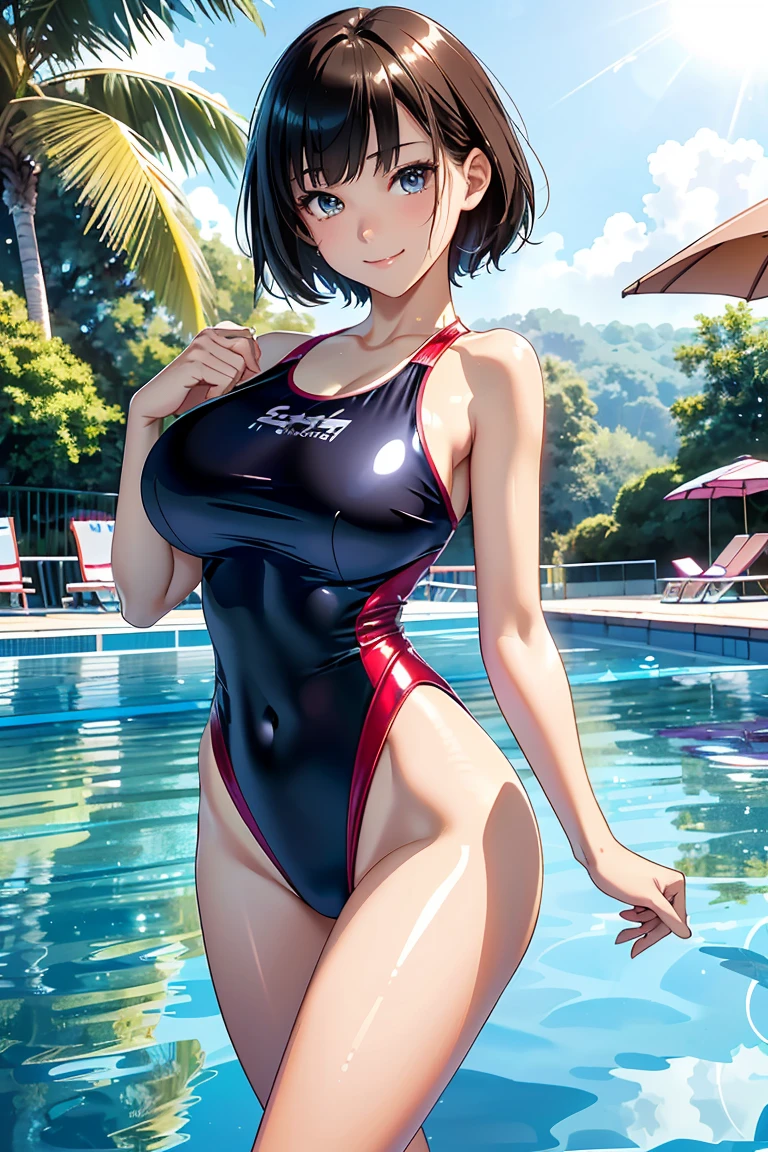 extremely detailed CG, super detailed skin, perfect anatomy, dynamic lighting, beautiful detailed eyes, Outstanding smile、 teenage woman、Japanes、huge breast、short hair、(Shiny skin:1.4)、sexy pose, Esbian all over、(Competition swimwear:1.5), (One piece swimsuit:1.2), (High leg swimsuit:1.2), (Reflection of light:1.4), High leg panties,