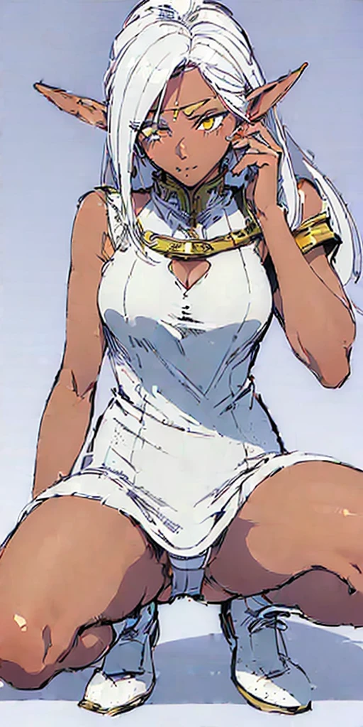 (((Plain background 1:2))) (masterpiece, high quality: 1.1) 1girl solo looking to the viewer, view from below, far shot, cow boy shot, squatting, wedding band, wedding dress, white footwear, white hair, white panties, yellow eyes (Pirotess (Record of Lodoss War) LORA) (dark elf dark skin)