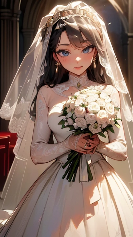 (highest quality, 8K, 32k, masterpiece, UHD:1.2), Beautiful Bride, Similar to Audrey Hepburn, (Gorgeous detailed wedding dress and veil:1.5), (holding a bouquet:1.5), symmetrical face, Staring at the viewer in embarrassment, just a smile, Stand in the chapel, cinematic lighting 8K wallpaper, highest quality,