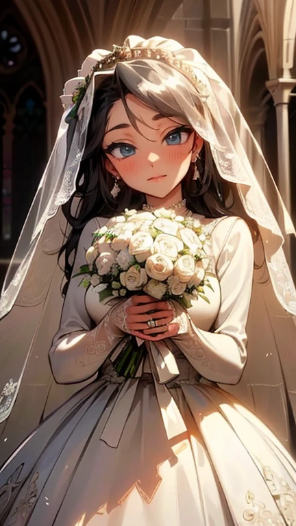 (highest quality, 8K, 32k, masterpiece, UHD:1.2), Beautiful Bride, Similar to Audrey Hepburn, (Gorgeous detailed wedding dress and veil:1.5), (holding a bouquet:1.5), symmetrical face, Staring at the viewer in embarrassment, just a smile, Stand in the chapel, cinematic lighting 8K wallpaper, highest quality,