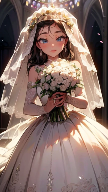 (highest quality, 8K, 32k, masterpiece, UHD:1.2), Beautiful Bride, Similar to Audrey Hepburn, (Gorgeous detailed wedding dress and veil:1.5), (holding a bouquet:1.5), symmetrical face, Staring at the viewer in embarrassment, just a smile, Stand in the chapel, cinematic lighting 8K wallpaper, highest quality,