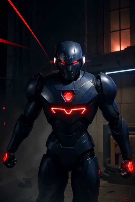 Evil robot, muscular body, has laser powers, lasers are red, has dark blue armor, has red eyes, and lives in a robot society