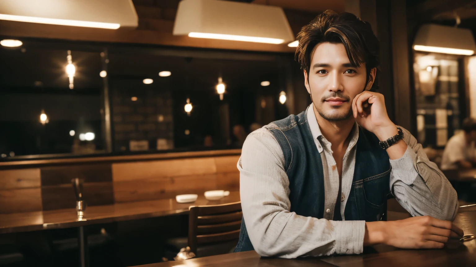 musician、Breezy, Handsome man in his 40s、(Super cool S-class guy)、Japanese Male, 40 years old、、Photo taken in a cafe、a handsome guy、(CG Unity 8K high resolution photo)、(Very detailedSクラスのa handsome guy性)、(Realistic)、(highest quality))、Very detailed、super high quality、expensive、audience、kind person、Very beautiful hair Perm Hair、Bright photo、Handsome like a model、Handsome like an idol、Looking at the camera、inside a stylish cafe、Stubble