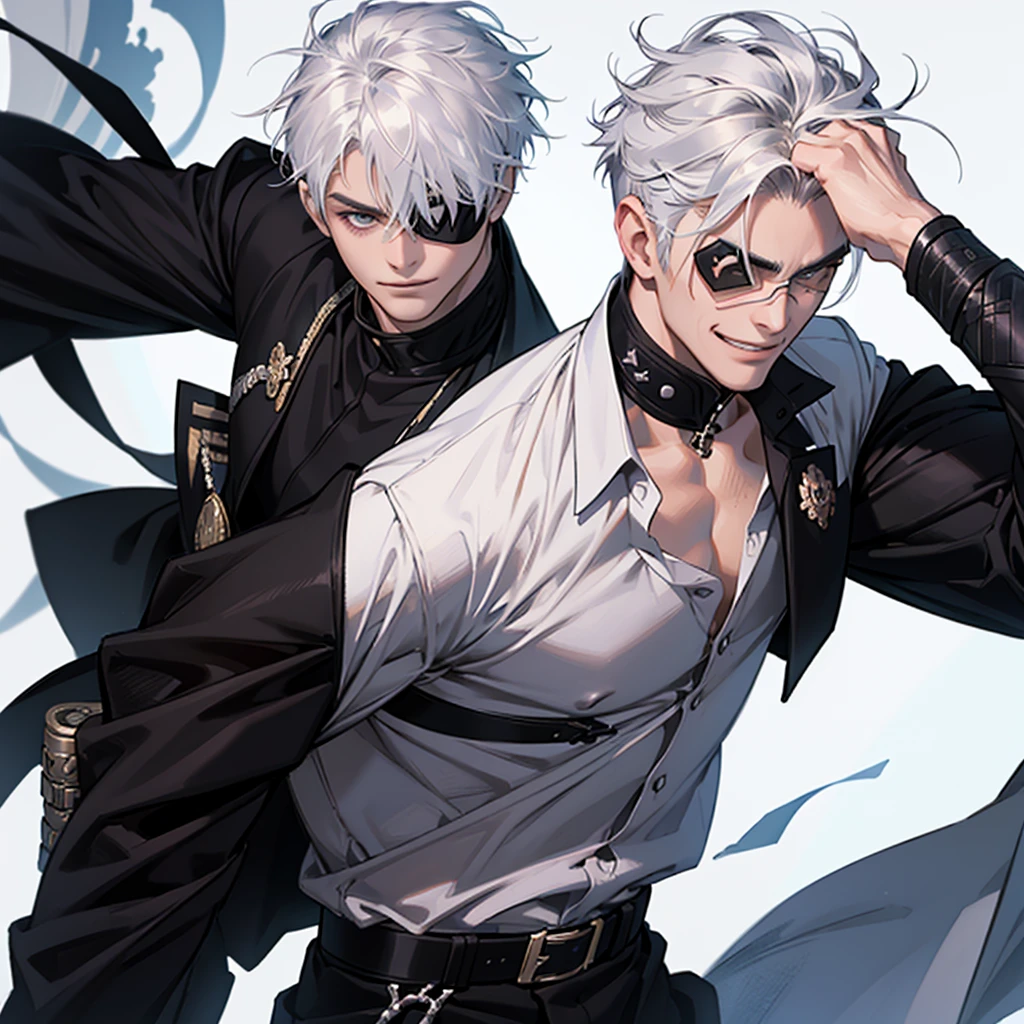 solo、(Handsome men:1.4)、(Hold Katana)、(Man 6 feet tall)、(confident grin:1.2)、15yo student、Short hair、grey eyes、(an eye patch)、toned body、muscular male、(White hair)、(Top image quality)、(8K picture quality)、(masutepiece)、cinematric light, Cinema Shadow, Sharp Image, Extremely detailed, Volumetric, beautiful effects, Vivid colors, Highly detailed image textures, detailed hairs, Detailed eyes, Dark hair