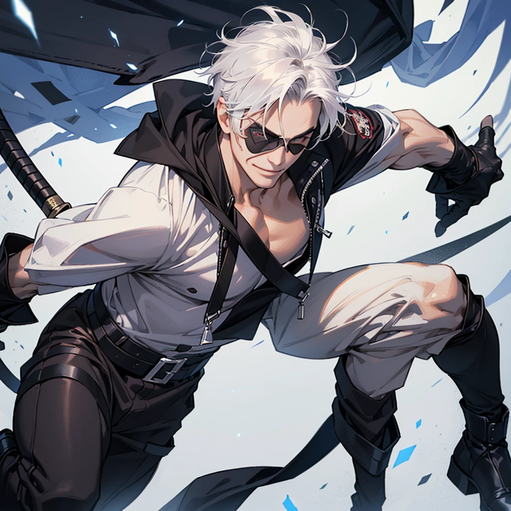 solo、(Handsome men:1.4)、(Hold Katana)、(Man 6 feet tall)、(confident grin:1.2)、15yo student、Short hair、grey  eyes、(an eye patch)、toned body、muscular male、(White hair)、(Top image quality)、(8K picture quality)、(masutepiece)、cinematric light, Cinema Shadow, Sharp Image, Extremely detailed, Volumetric,  beautiful effects, Vivid colors,  Highly detailed image textures, detailed hairs, Detailed eyes,  Dark hair