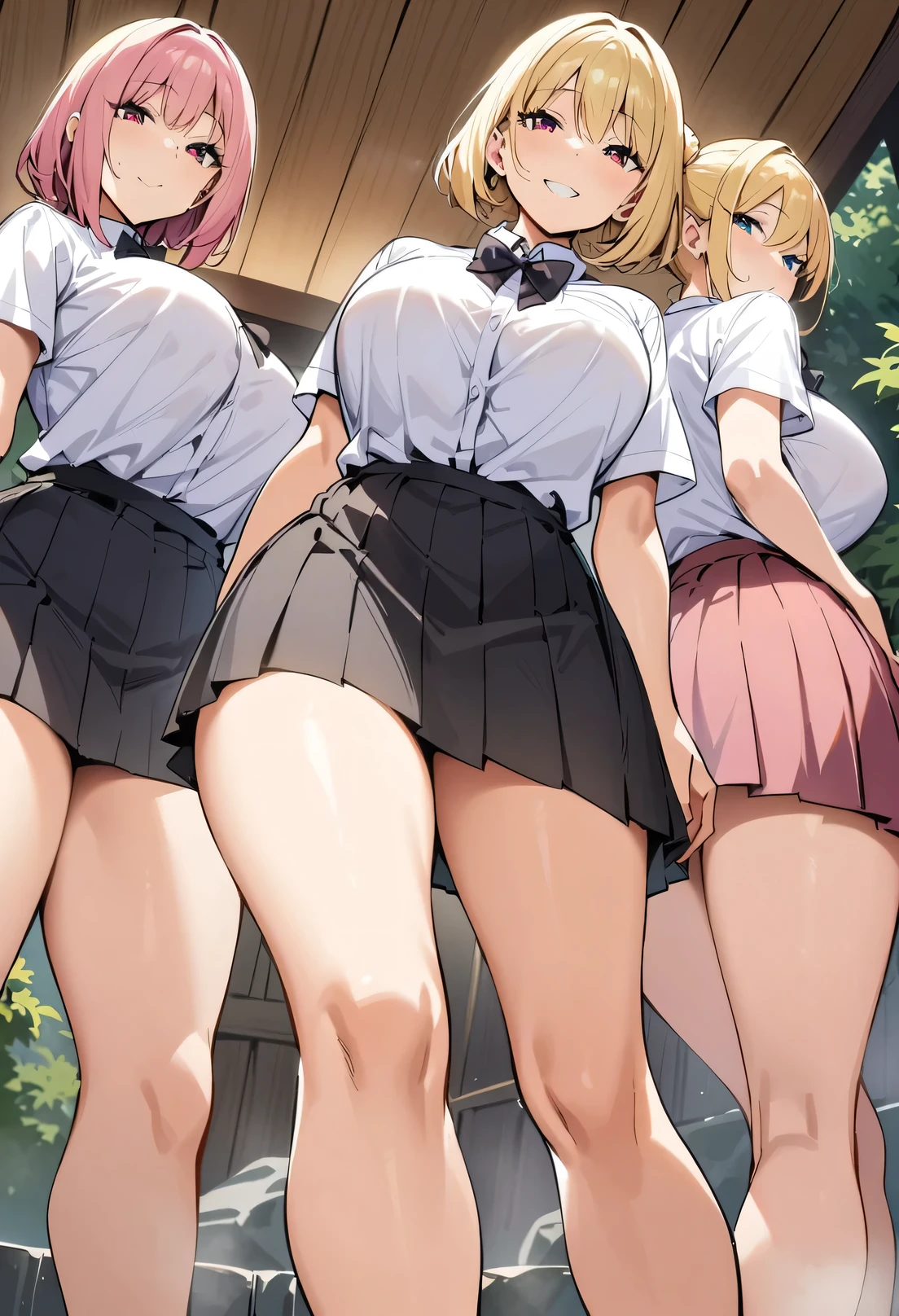 view from ground，(from bottom,from below:1.5),full body, masterpiece, best quality, highres, JK,huge tit,3girls,black bow,black bowtie,blonde hair,bow,bowtie,breasts,hair bun,long hair,looking at viewer,multiple girls,pink hair,pleated skirt,shirt tucked in,short hair,skirt,smile,tented shirt,in hot spring,Onsen