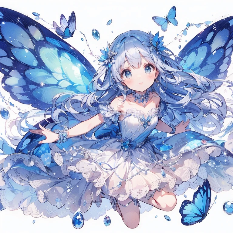 (Exquisite, beautiful, Very detailed, masterpiece, High resolution,high quality,High resolution),(Well-formed face,Soft and thin lines: 1.2, beautiful, Delicate and vivid illustrations with a mature and clear feel), Watercolor art style,蝶のような羽が生えたラピスラズリの透明感があってbeautiful小さな幼い妖精姫がラピスラズリの洞窟をニコニコしながら空を飛んでいる,Lapis Lazuli Gemstones,(Transparent fairy wings grow from your back), (Dazzling Smile), (Lapis lazuli tiara, earrings and choker), ラピスラズリがモチーフの青いbeautifulボールガウンドレス,Ribbons, lace and frills, (Pale pink blush, Plump pink lips,Large Bust,Fair skin, Good style),Bright colors,Eye-catching colors,Dynamic Angles,Dream Cute