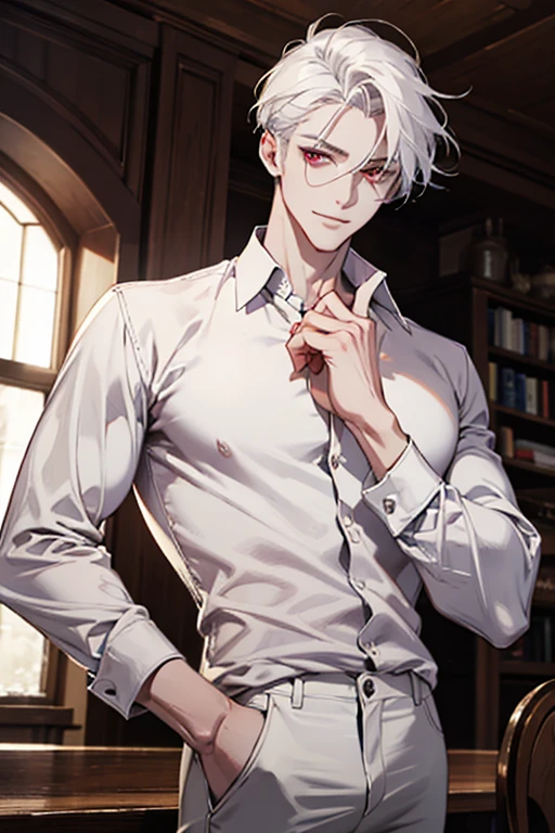 Pale skin, as white as snow, with merlot-red eyes. White Hair, and tall and well-built body. Male. (absurdres, highres, ultra detailed), 1man, adult man, handsome, tall,, finely detailed eyes and detailed face, leather pants, (((white shirt))), smile, dutch angle pale skin, red detailed eyes, (masculine), sexy, elegant, detailed hands