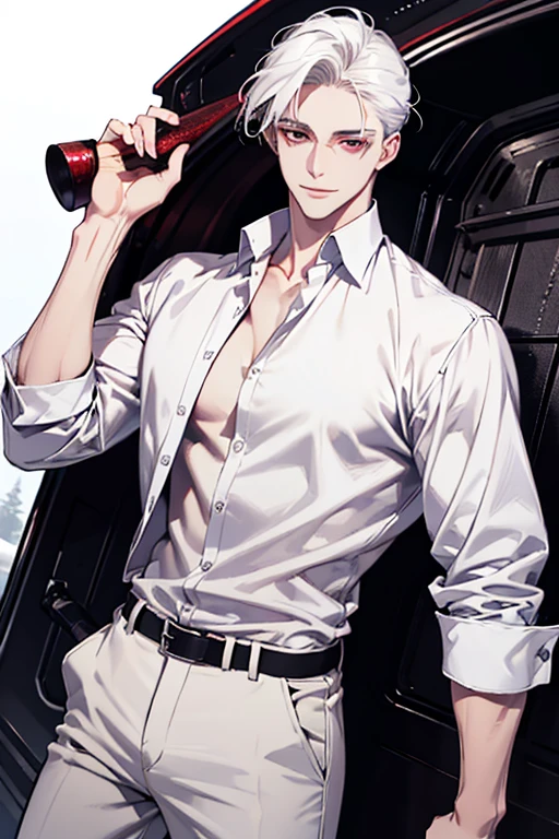 Pale skin, as white as snow, with merlot-red eyes. White Hair, and tall and well-built body. Male. (absurdres, highres, ultra detailed), 1man, adult man, handsome, tall,, finely detailed eyes and detailed face, leather pants, (((white shirt))), smile, dutch angle pale skin, red detailed eyes, (masculine), sexy, elegant, detailed hands