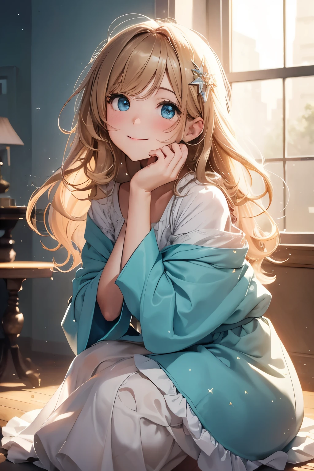 a work of art that combines photography and watercolors, best quality, super fine, 16k, incredibly absurdres, extremely detailed, beautiful woman, light brown messy wavy hair, wind-effect, crescent eyes, squint your eyes and smile, squatting at eye level with child, soft and fluffy clothing, long skirt, blurred and sparkling stars image effect, professional lighting, background Tiffany blue border