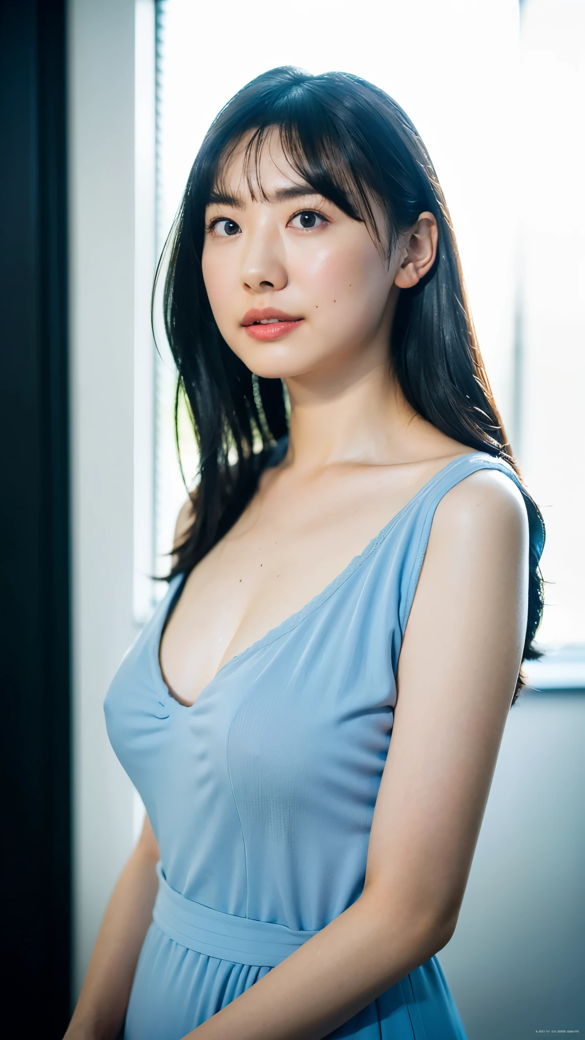 A woman in her 50s、five〇age、A  old、Big Breasts、camisole、(Corridors in Japan、Some of her hair is sky blue:1.4)、White wall、(A room with a white wall and a window)、((highest quality、8k、masterpiece:1.3))、Ultra-high resolution、(photoGenuineistic:1.4)、RAW Photos、Japanese,(Detailed aspect)、Genuine、Photographed in natural light、Highly detailed face and skin texture、Highly detailed lips、The correct state of the human body、Shortcuts、Black Hair、Various poses、Natural color lip、Upper Body