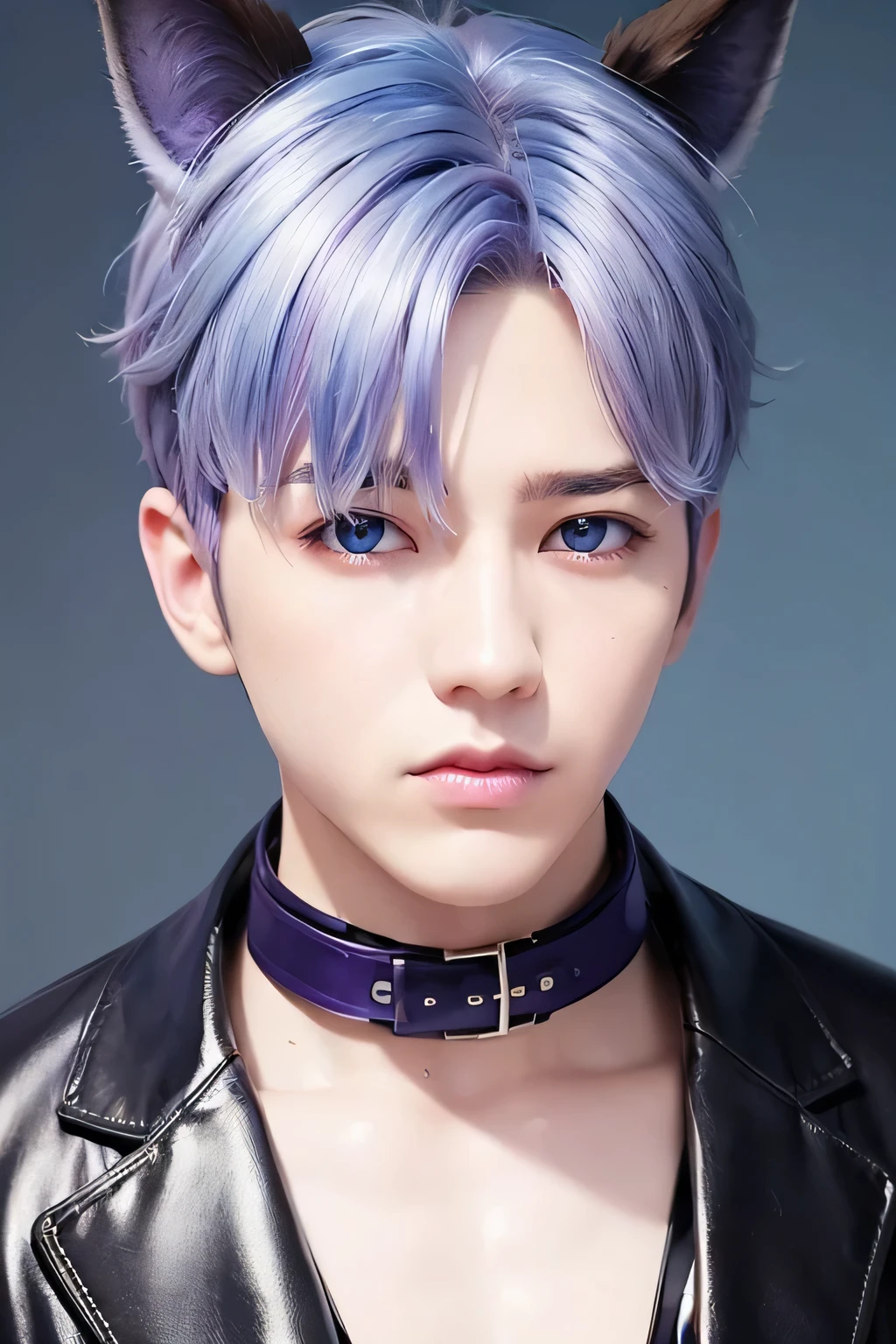 １male、Creating aesthetics、highest quality、masterpiece、8k、Blurred feeling、Realistic Skin、(head shot:1.45)、(Light blue and purple hair:1.23)、Disheveled Hair、(Black dog ears)、choker、(Brown eyes)、Latex clothing、、Sad expression