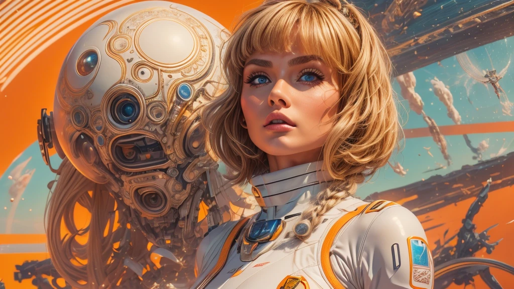 arafed image of a white woman in a futuristic suit with a spaceship in the background, movie art, in front of an orange background, inspired by Robert McGinnis, female protagonist, megastructure in the background, portrait of an ai astronaut, astronauts, an astronaut, portrait of a astronaut skeletor, perfect android girl, Highly Detailed Face and Skin Texture, Detailed Eyes, Double eyelids, perfectly detailed teeth, frank franzzeta and sakimichan