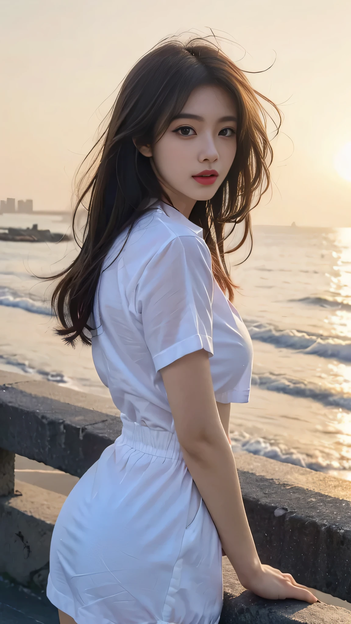 A close up of a woman in a white dress near the ocean - SeaArt AI