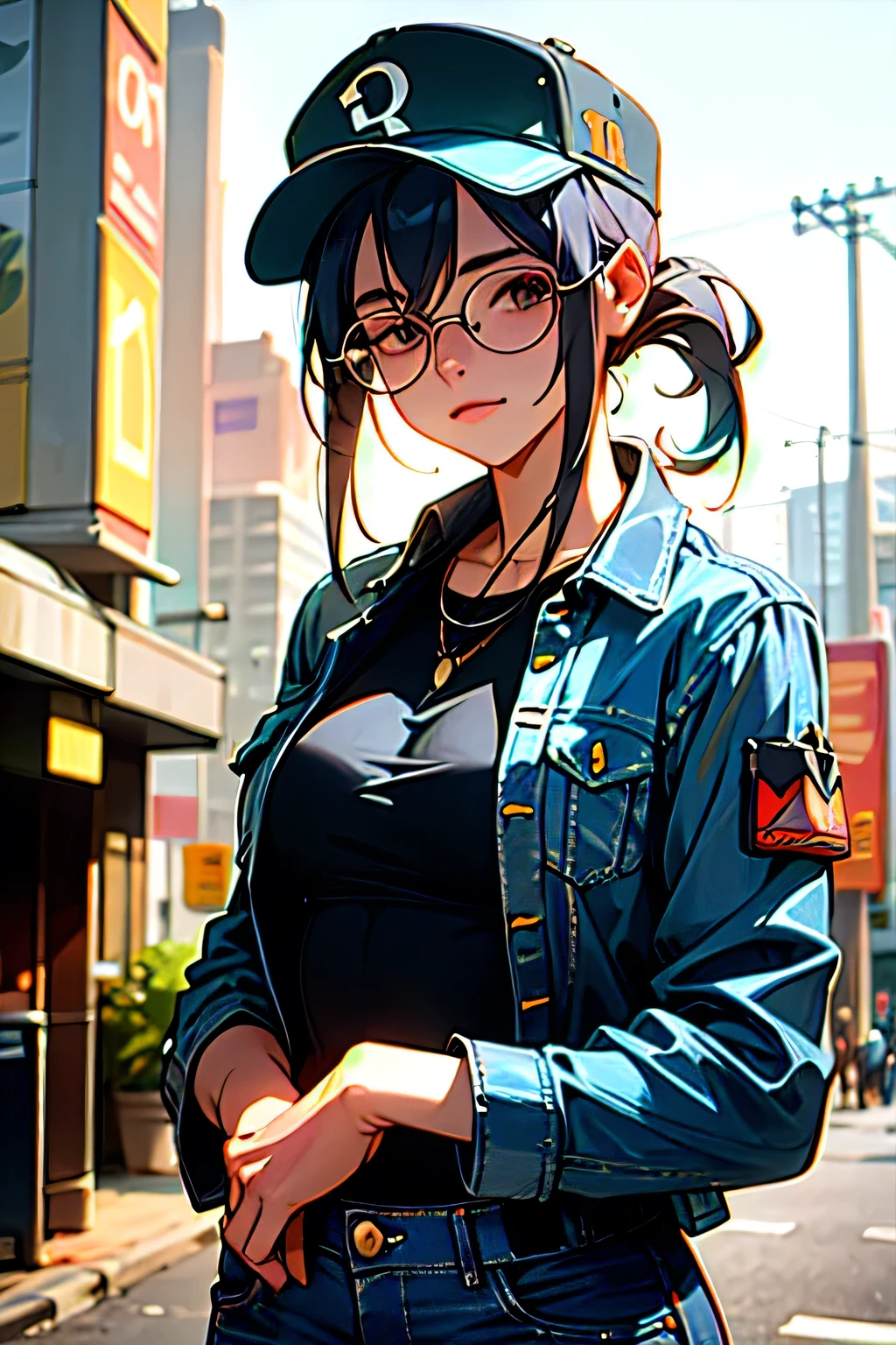 Swim Bikini, jeans, jeans jacket, peak cap, street, (Upper Body: 1.3), (Raw photo, highest quality, masterpiece: 1.2), (Realistic, photoRealistic: 1.37), (Charming monkey: 1), Professional Lighting, Photon Mapping, Radio City, Physically Based Rendering, Purelos Face_ v1、Glasses
