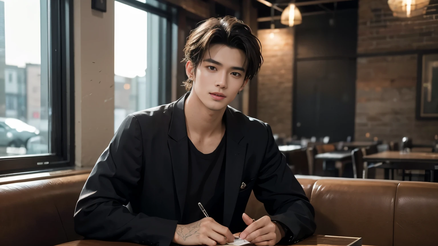 musician、Breezy, 20代のa handsome guy性、(Super cool S-class guy)、Japanese Men, 20-year-old、、Photo taken in a cafe、a handsome guy、(CG Unity 8K high resolution photo)、(Very detailedSクラスのa handsome guy性)、(Realistic)、(highest quality))、Very detailed、super high quality、expensive、audience、kind person、Very beautiful hair Perm Hair、Bright photo、Handsome like a model、Handsome like an idol、Looking at the camera、inside a stylish cafe、Stubble