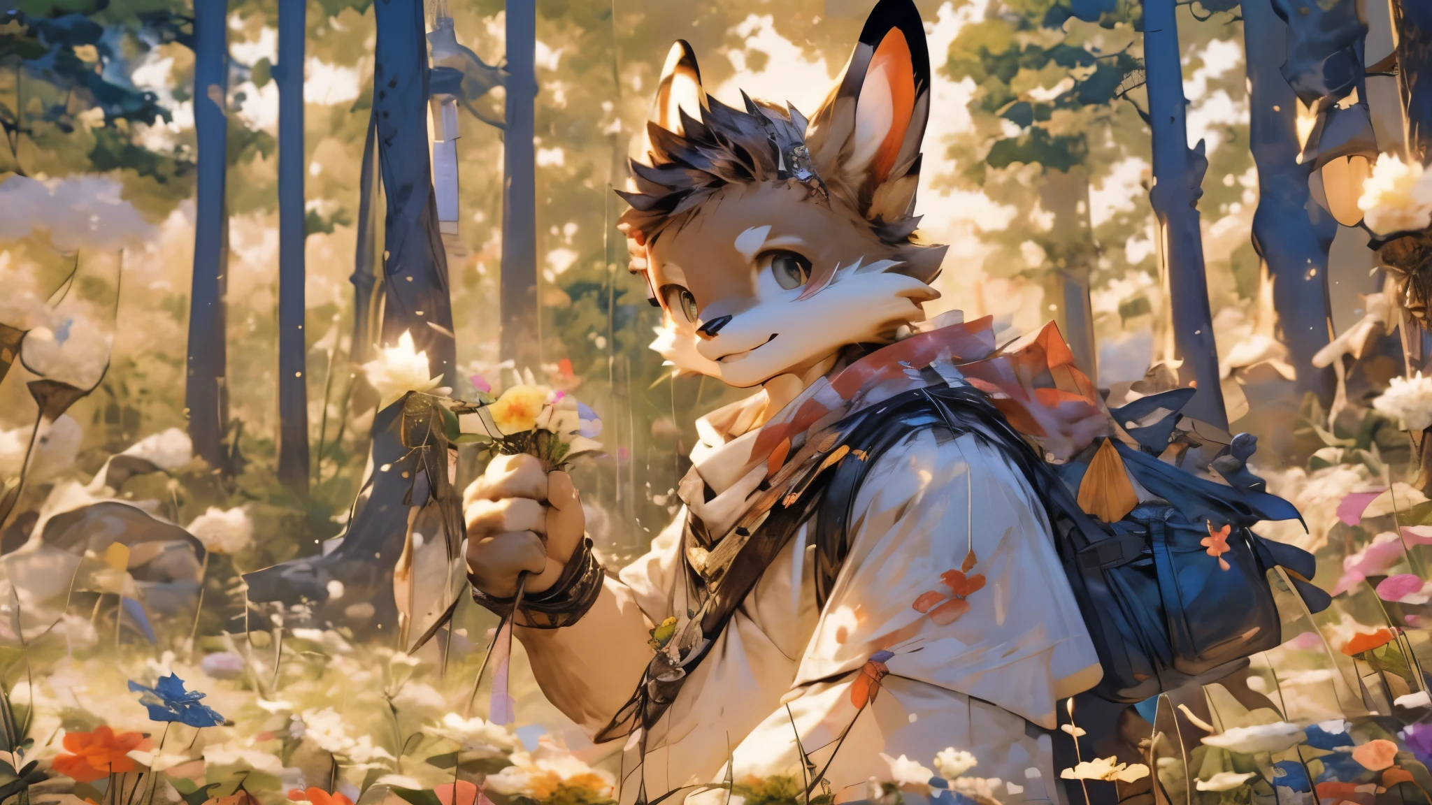 human nature, Beast Domain, male, solitary, ((Thin face,)), ((endomorph body type, juvenile)), (Expedition Clothing), ((domestic rabbit, rabbit) Fluffy furry, Fluffy), (,forest), Bokeh, (high quality, high resolution, masterpiece), (Dynamic Lighting, Vibrant colors), (Smile, (In the blink of an eye)), ((Face focus) head shot), Front view, (close up), cartoon,