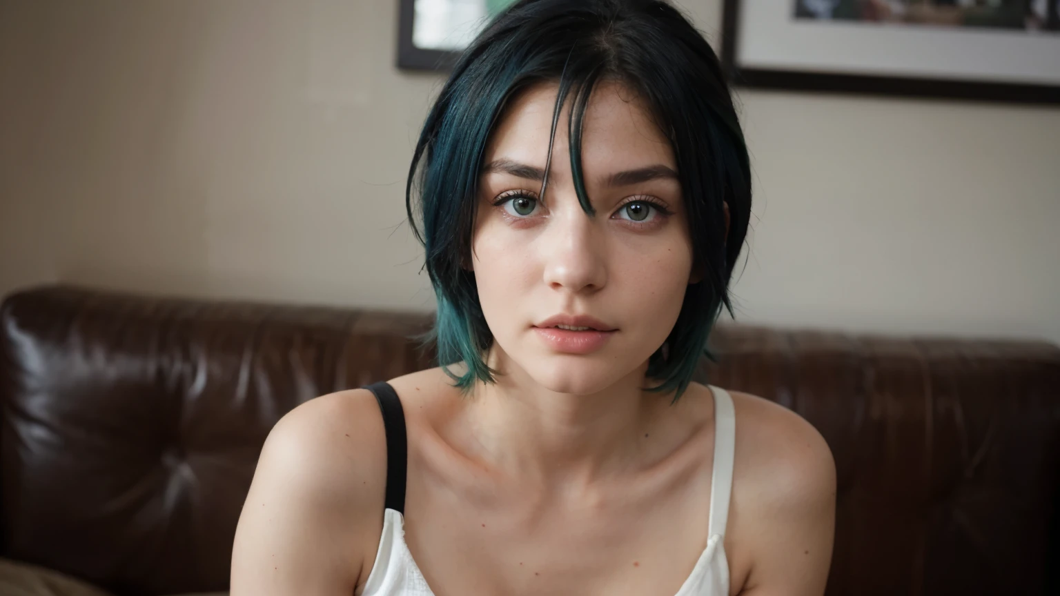 model with blue bob hair , with beautiful green eyes in a realistic style, 21 year old, female, Australian, extremely high quality, RAW color photo, eye contact, crop top