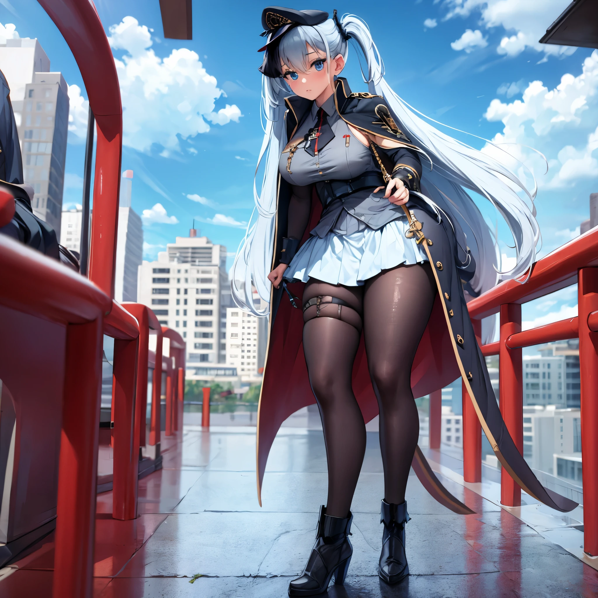 A woman wearing a gray military dress, with military accessories, short skirt, black coat made of cape with gold details, black tights, black heels, long silver hair, pigtails, one blue eye and one red eye, shy face, full body, standing on a high point in a city overlooking a large modern city, blue sky with clouds, ,(woman solo), HDR, ultra resolution, sharp, masterpiece, 8K HD