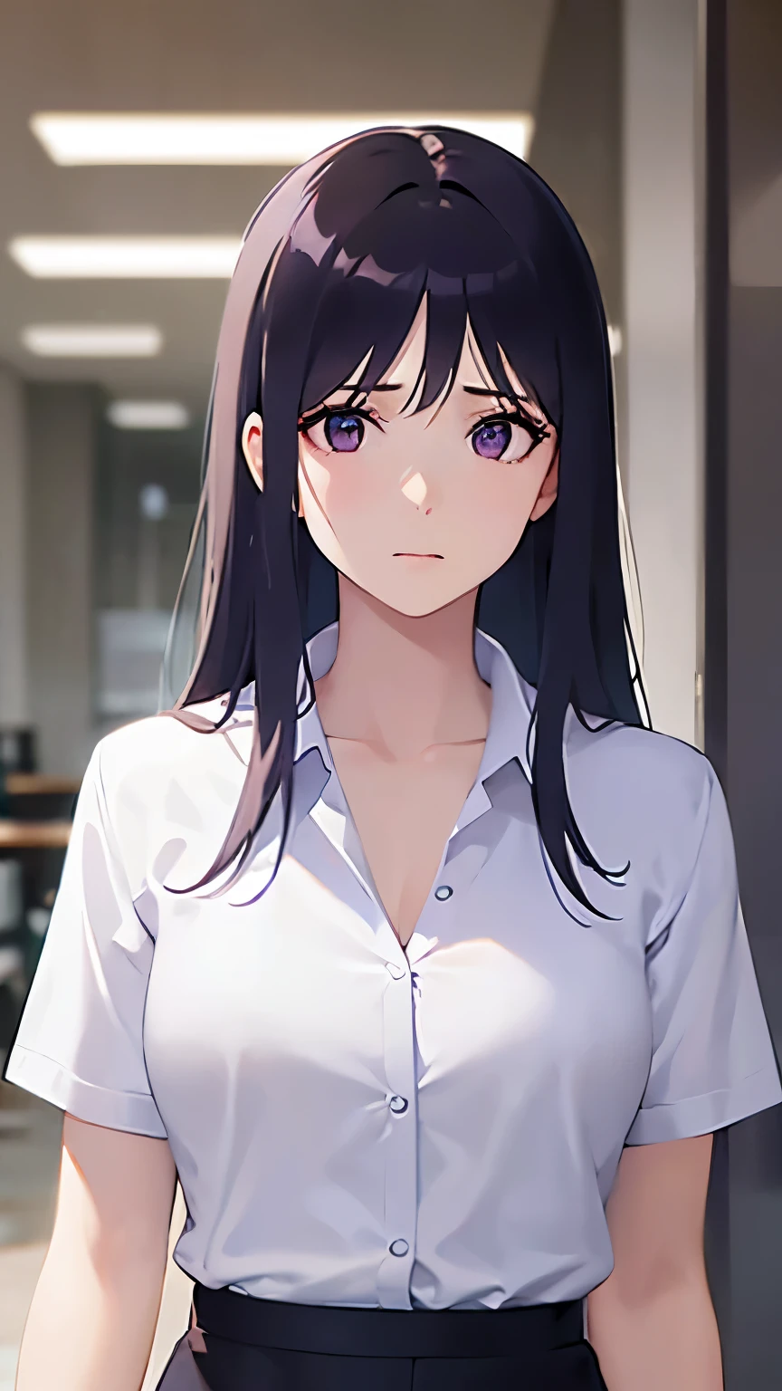 (looking away:1.5), Realistic, real person, (pale skin: 1.2), RAW photo, photorealistic, portrait photography, shiny skin, shiny hair、(A 25-year-old woman with straight hair and bangs) and (medium hair) and (black hair) and (purple eyes) , (business suit:1.5) and (white shirt)、(sad:1.3), Background is an office room、Alone、Are standing