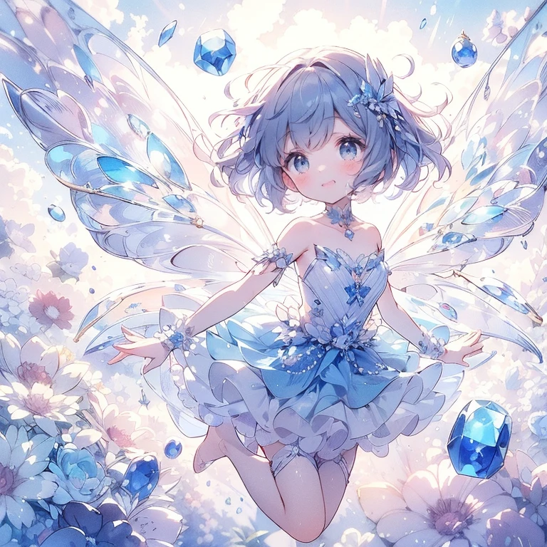 (Exquisite, beautiful, Very detailed, masterpiece, High resolution,high quality,High resolution),(Well-formed face,Soft and thin lines: 1.2, beautiful, Delicate and vivid illustrations with a mature and clear feel), Watercolor art style,蝶のような羽が生えたラピスラズリの透明感があってbeautiful小さな幼い妖精姫がラピスラズリの洞窟をニコニコしながら空を飛んでいる,Lapis Lazuli Gemstones,(Transparent fairy wings grow from your back), (Dazzling Smile), (Lapis lazuli tiara, earrings and choker), ラピスラズリがモチーフの青いbeautifulボールガウンドレス,Ribbons, lace and frills, (Pale pink blush, Plump pink lips,Large Bust,Fair skin, Good style),Bright colors,Eye-catching colors,Dynamic Angles,Dream Cute