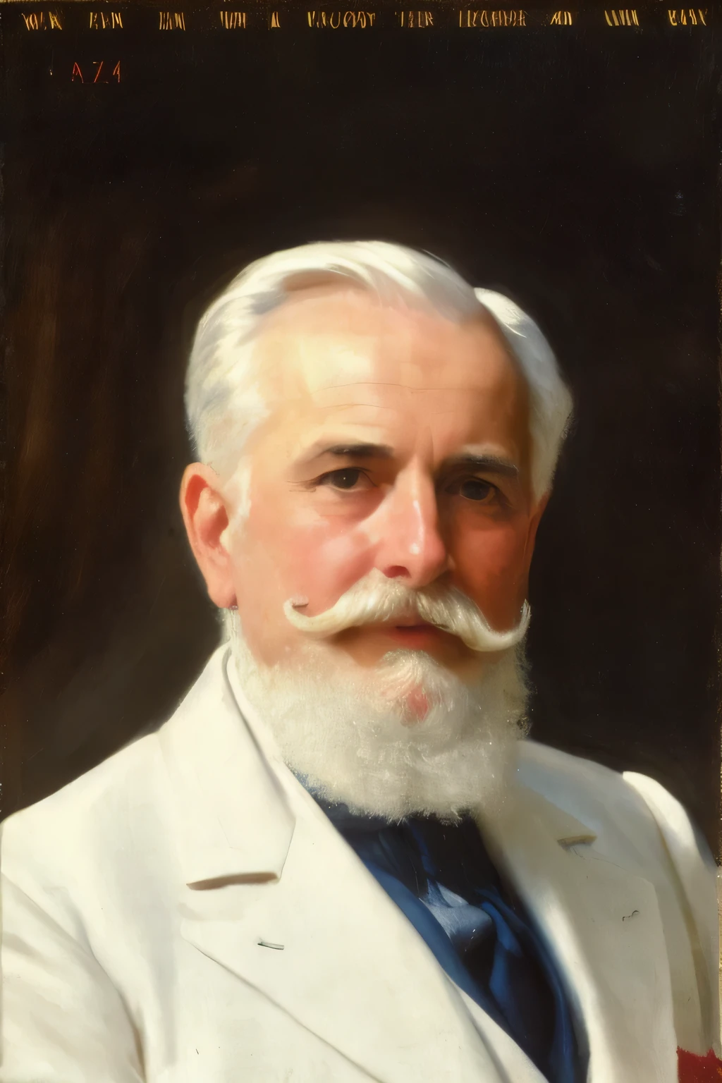 a painting of an old man by AZrn, upper body, facial hair, beard, white hair, old man, male focus, solo, formal, mustache, suit, looking at viewer, manly, upper body, white shirt, indoors, curtains, chair