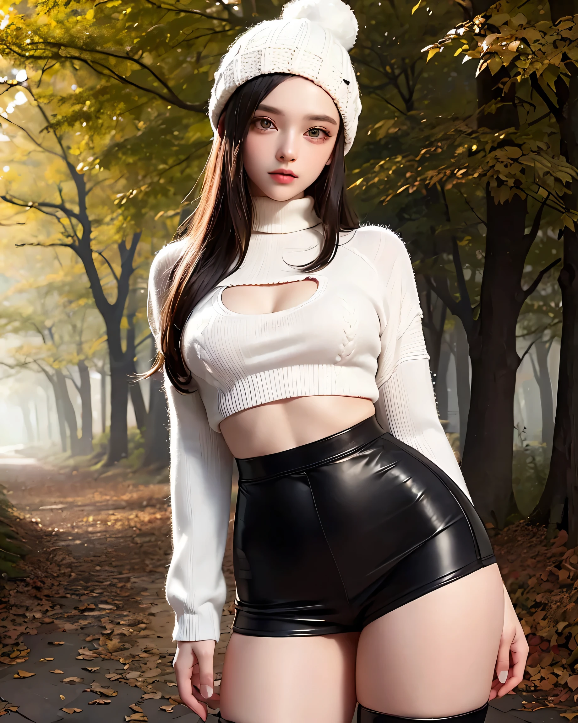 (masterpiece:1.4),(highest quality:1.4),(High resolution:1.4),Confused,intricate detaileds,(highly detaileded skin:1.2), Unity 8K, Gorgeous young woman posing for an autumn photoshoot, Photorealism, (Gorgeous face:1.4),(detaileded eyes:1.4), dark eye Compensate, Compensate, Surreal, Posing in a forest of autumn leaves, Long curly hair cascading down her back, Slender curvaceous body, Wide Hips, Messy blonde hair with auburn highlights, high waisted black leggings, Ankle boots, Fluffy knitted hat, Loose cropped turtleneck sweater , dark and shadowy, addition_detailed, ((Big Breasts))