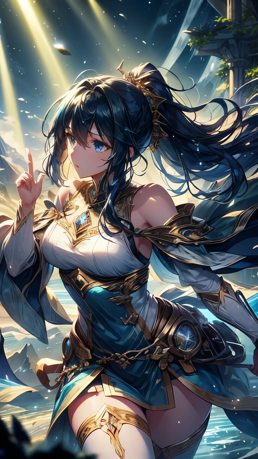 (ultra-detailed,realistic:1.37),vivid colors,anime,adventurer,ponytail,short blue hair,dual short swords,small stature,scenic background,beautiful eyes, expressive facial features, dynamic pose,neon lights,glistening armor,hazy atmosphere,action-packed scene,lush vegetation,cutting edge technology,otherworldly creatures,exciting quests,rays of sunlight streaming through the trees,rugged terrain,mysterious ruins,ancient artifacts,mid-air leap,wind-blown hair,sparkling waterfalls,distant mountains,hidden treasures,strong and agile,tense battle,intense determination,unforgettable journey,hint of magic,moment frozen in time,mysterious energy,powerful aura,thrilling adventure,immersive storytelling,captivating artwork,unforgettable characters,stylish and vibrant animation,emotionally engaging narrative,richly detailed world,exciting climax.