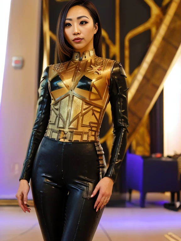 Linda Park standing in a fall garden, dressed in a body uniform and metal armor. Her face is highly detailed, with beautiful detailed eyes, lips, and a detailed expression. The image is in 8K UHD resolution, captured with a DSLR camera. Soft lighting highlights Linda's features, creating a cinematic atmosphere. The image has a high quality and a film grain texture, adding depth and artistic appeal. The overall image is ultra-detailed, showcasing Linda's intricate facial features and the intricate details of her metal armor. It is a masterpiece of art, with the level of detail and quality comparable to a Fujifilm XT3 photograph.
