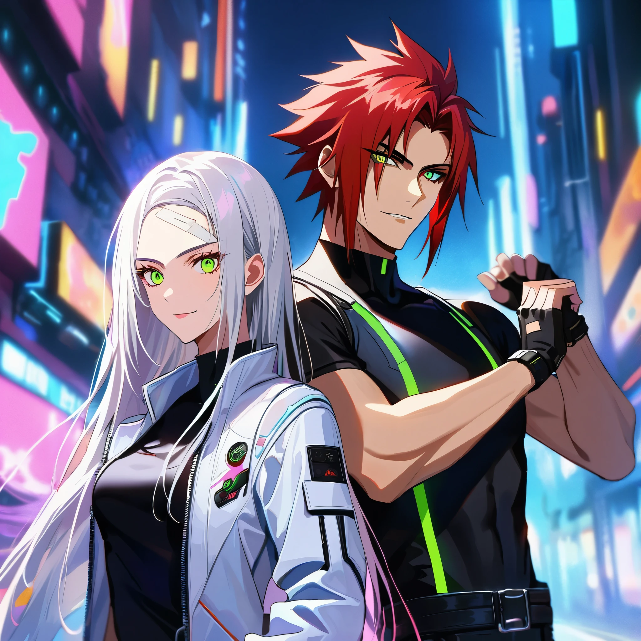 two persons, A man and a girl , man (Kyo Kusanagi look a like, long strands falling on the forehead) holding a perfect neon katana wearing a leather white jacket and black t shirt, stand and confident pose, confidente smile, cyberpunk, night, fingerless gloves , red hair, neon eyes, ultra detailed face, and his gorgeous sister with white long hair and green neon eyes, girl with long white hair dangerous look