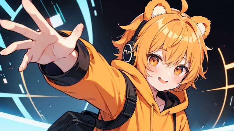 Fluffy bear ears Hair color orange ((boy)) (headphone) Black hoodie with gold lines Face up Magic circle Eye color black Ultra short hair smile 4K resolution reaching out Sticking out his tongue defiantly