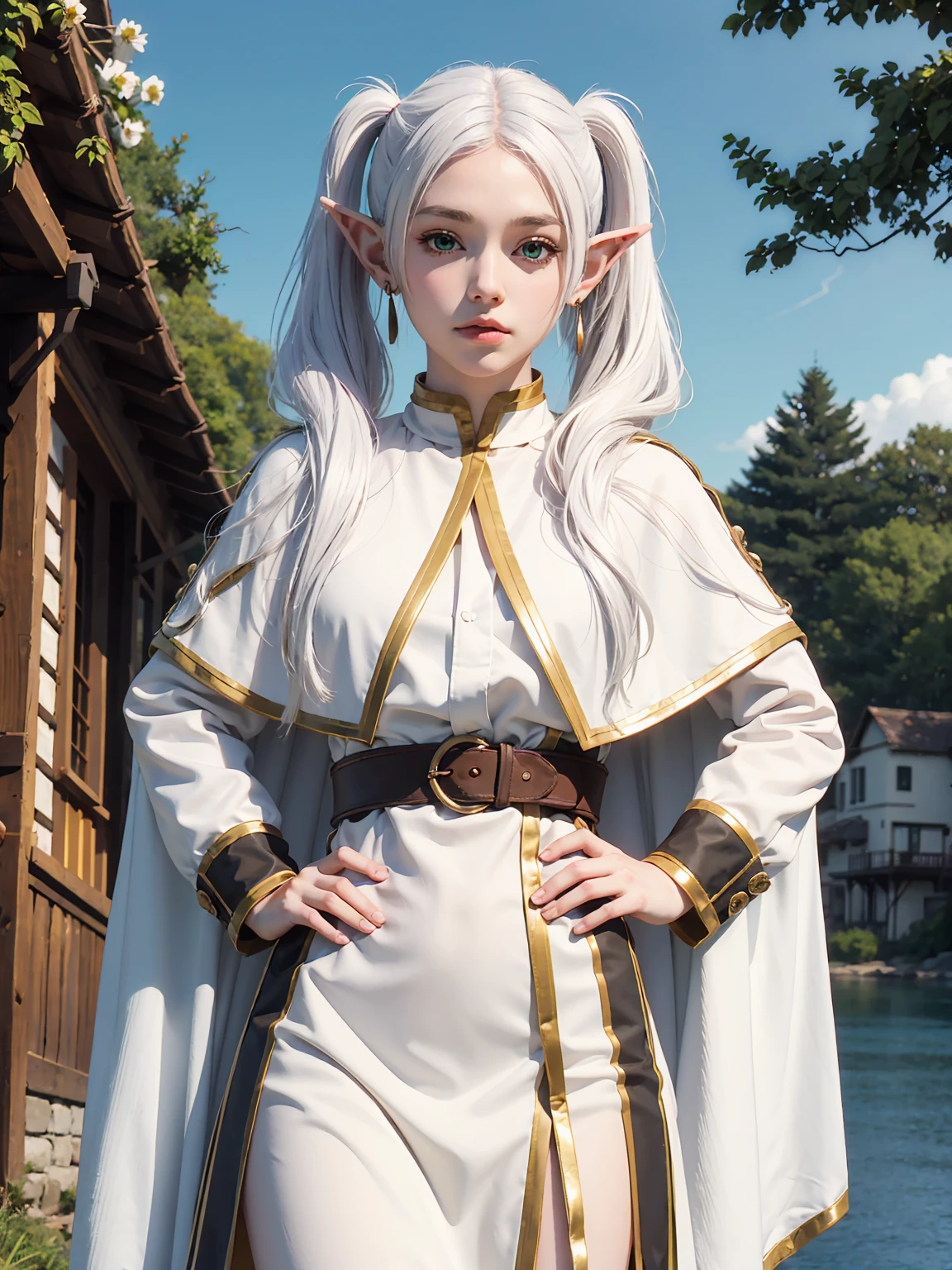 (maximum quality image, masterpiece), detailed landscape,(((white hair))), detailed beautiful green eyes,  tranquil lake (reflecting the vibrant sky at dusk),nuances of colors,quiet, frieren, 1girl, long hair, pointy ears, twintails, jewelry, elf, earrings, capelet, white capelet, long sleeves, parted bangs, dress, belt, flower, small breasts, wide hips, from below, hands behind hips