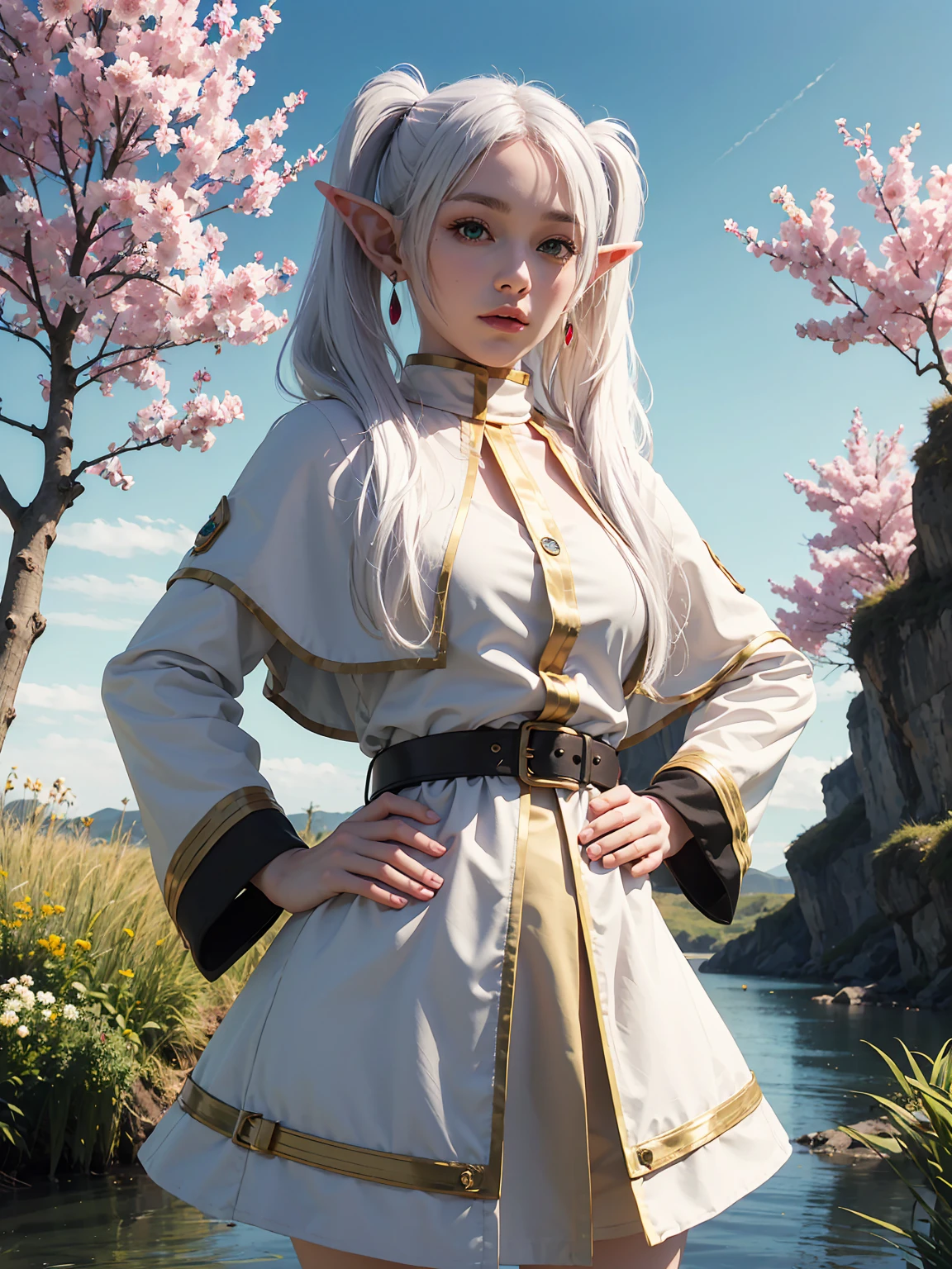 (maximum quality image, masterpiece), detailed landscape,(((white hair))), detailed beautiful green eyes, tranquil lake (reflecting the vibrant sky at dusk),nuances of colors,quiet, frieren, 1girl, long hair, pointy ears, twintails, jewelry, elf, earrings, capelet, white capelet, long sleeves, parted bangs, dress, belt, flower, small breasts, wide hips, from below, hands behind hips