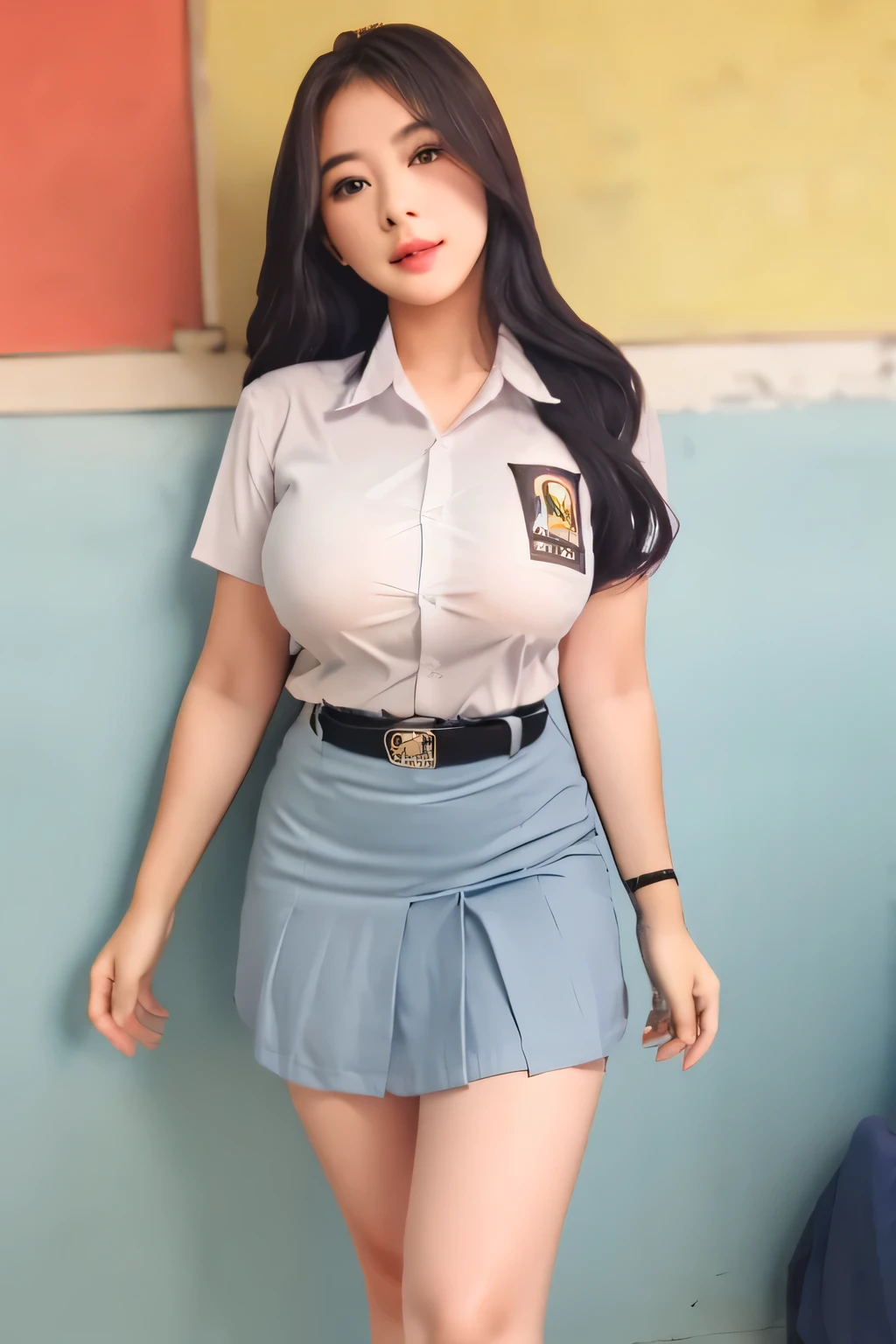 (((Ultra-HD-quality-details))) , one girl, beauty, perfect eye lids, sexy body, big breast, standing, at classroom, cewe-sma, from fitting, white shirt, gray mini tight skirt, no bra, white shoes, belt, sexy beauty legs, looking at viewer, from head to legs. Detailed, natural.