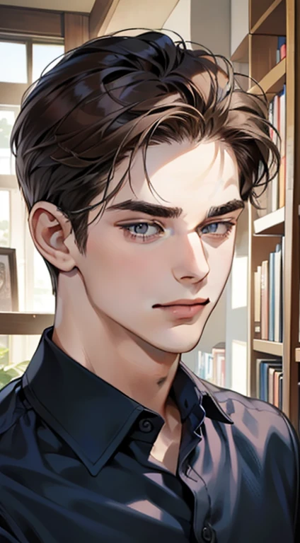 masterpiece, best quality, realistic, 1man, mature male, quiet and charming young man, 25years old, a smirk, closed mouth, portrait, extremely detailed face, a little distant, ((dark eyes)), ((short-right-swept dark brown hair)), [thick eyebrows], bookstore ((blue shirt)), handsome male