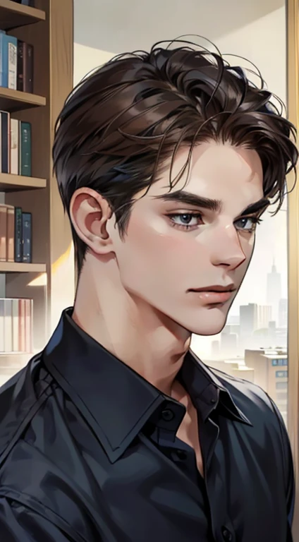 masterpiece, best quality, realistic, 1man, mature male, quiet and charming young man, 25years old, a smirk, closed mouth, portrait, extremely detailed face, a little distant, ((dark eyes)), ((short-right-swept dark brown hair)), [thick eyebrows], bookstore ((blue shirt)), handsome male
