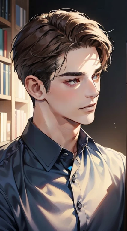 masterpiece, best quality, realistic, 1man, mature male, quiet and charming young man, 25years old, a smirk, closed mouth, portrait, extremely detailed face, a little distant, ((dark eyes)), ((short-right-swept dark brown hair)), [thick eyebrows], bookstore ((blue shirt)), handsome male