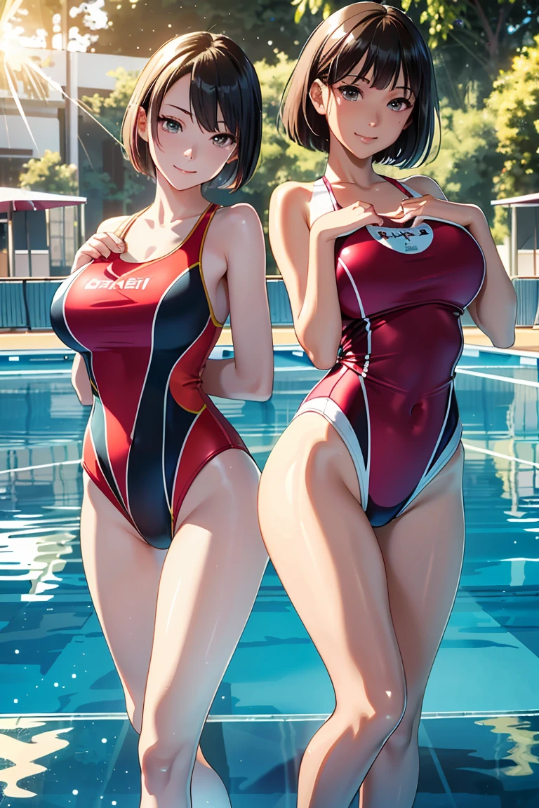 extremely detailed CG, super detailed skin, perfect anatomy, dynamic lighting, beautiful detailed eyes, (2girls), Outstanding smile、 age woman、Japanes、huge breast、short hair、(Shiny skin:1.4)、sexy pose, Esbian all over、(Competition swimwear:1.5), (One piece swimsuit:1.2), (High leg swimsuit:1.2), (Reflection of light:1.4), High leg panties,