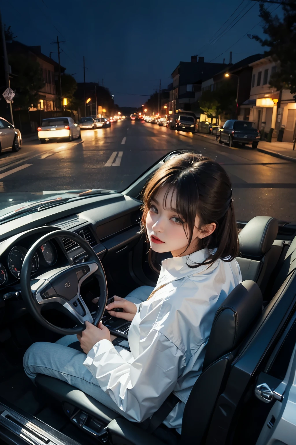 in 1980　Beauty driving a car　Night view