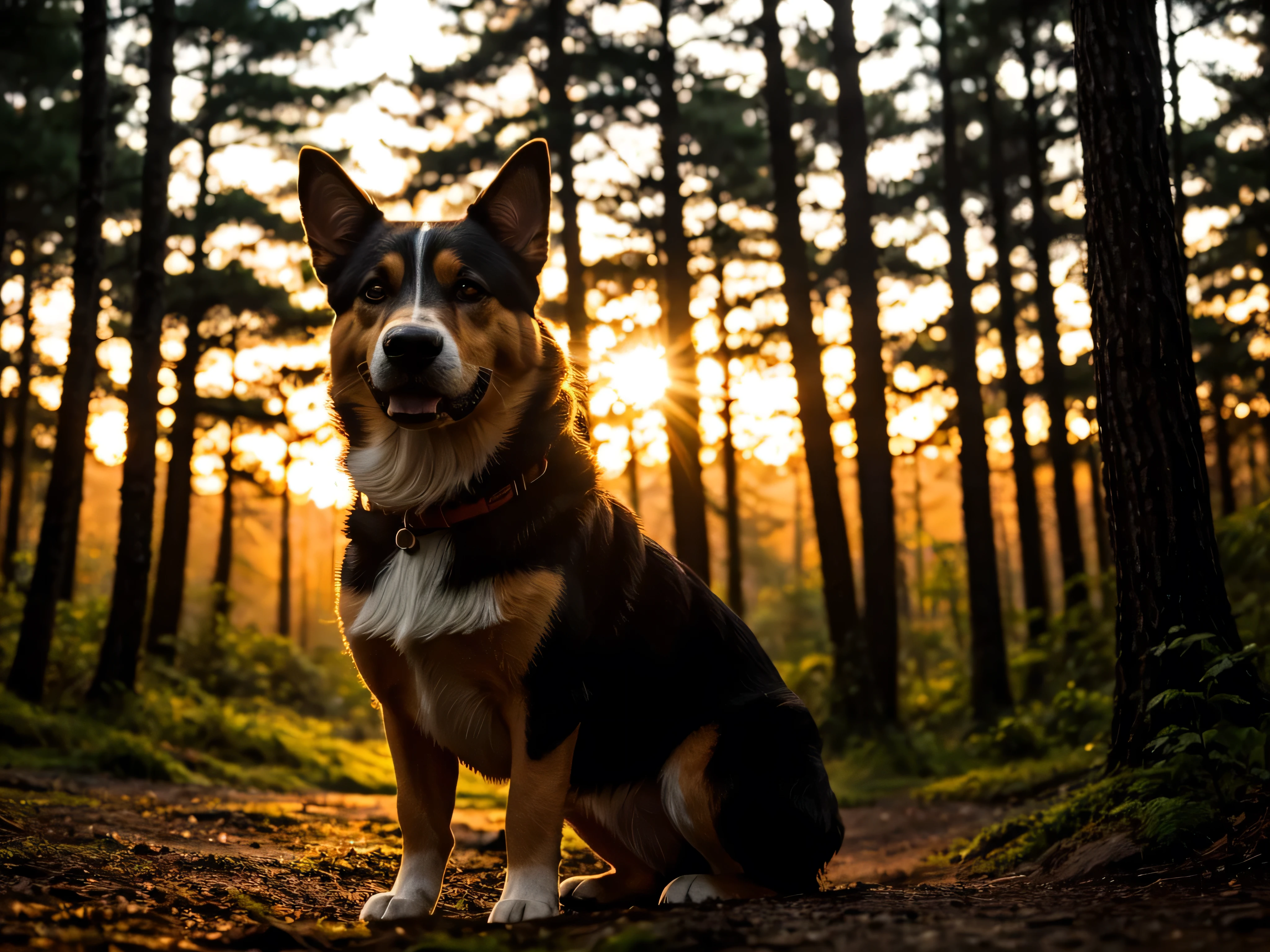 sunrise foto, detailed, cinematic, bokeh, one dog in the forest, focus on dog, impressive light effects