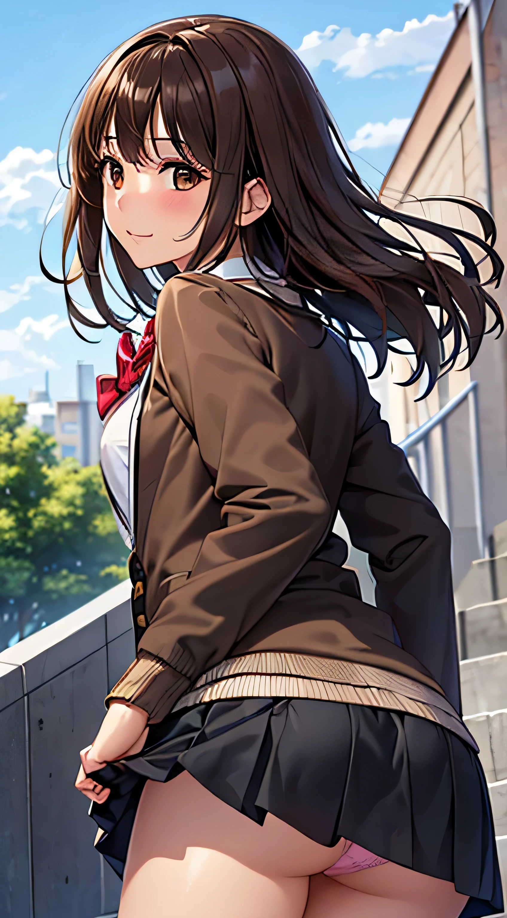 ((Tabletop, highest quality, High resolution, Hmph, Perfect Pixel, 4K, Hmph, Hmph))), One Girl, single, alone, Beauty、The whole body is visible、 ((Mid-wave hair, bangs, Brown Hair)), ((Brown eyes, Beautiful eyelashes, Realistic eyes)), ((Detailed face, Blushing:1.2)), ((Smooth texture:0.75, Realistic texture:0.65, Realistic:1.1, Anime CG Style)), Medium chest, Dynamic Angle, Perfect body, ((Red bow tie, , Black jacket, Open jacket, Brown cardigan, White shirt, Black Skirt, Checked skirt)), City stairs、Looking up from the bottom of the stairs、Very embarrassing panic smile, looked back、Leaning forward、(The wind blew up her skirt, exposing her buttocks....................、Touch your buttocks with both hands、Light pink floral lace panties)、