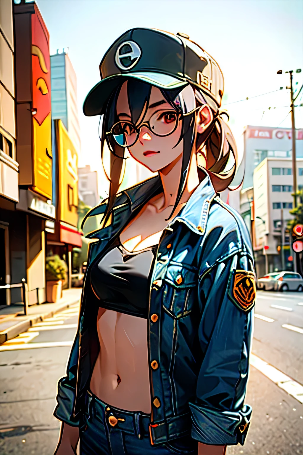 Swim Bikini, jeans, jeans jacket, peak cap, street, (Upper Body: 1.3), (Raw photo, highest quality, masterpiece: 1.2), (Realistic, photoRealistic: 1.37), (Charming monkey: 1), Professional Lighting, Photon Mapping, Radio City, Physically Based Rendering, Purelos Face_ v1、Glasses
