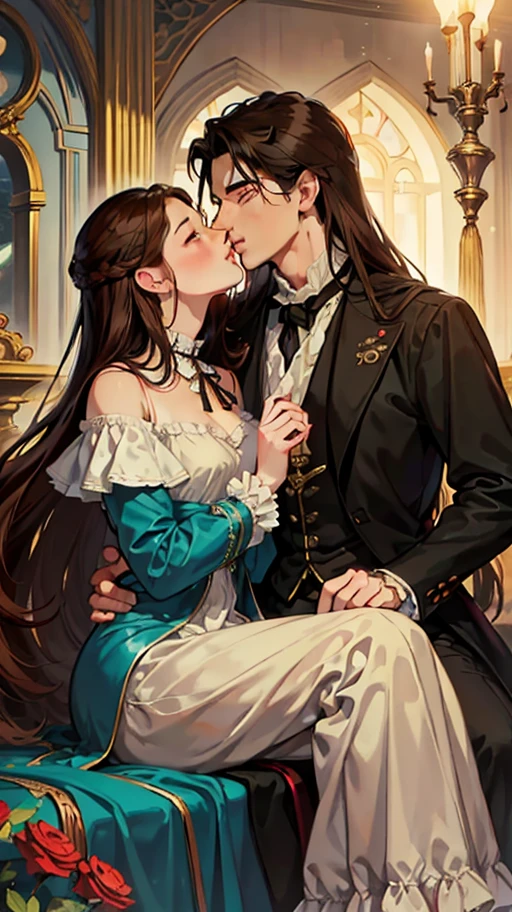 ((masterpieces)), best quality, outstanding illustration, a couple kissing, soft focus, 1 man with long black hair, RED EYES, 1 girl with long brown hair, BROWN EYES, Victorian clothes, Victorian romanticism, opulent and exquisite atmosphere, soft light and warm lighting. (((SPECIFIC CHARACTERISTICS)))